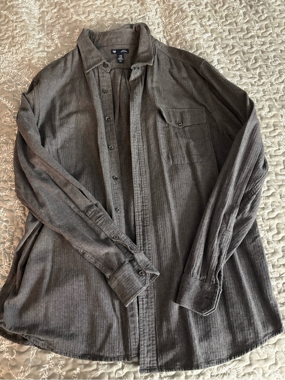 GAP Navy Label on Charcoal Herringbone Fabric